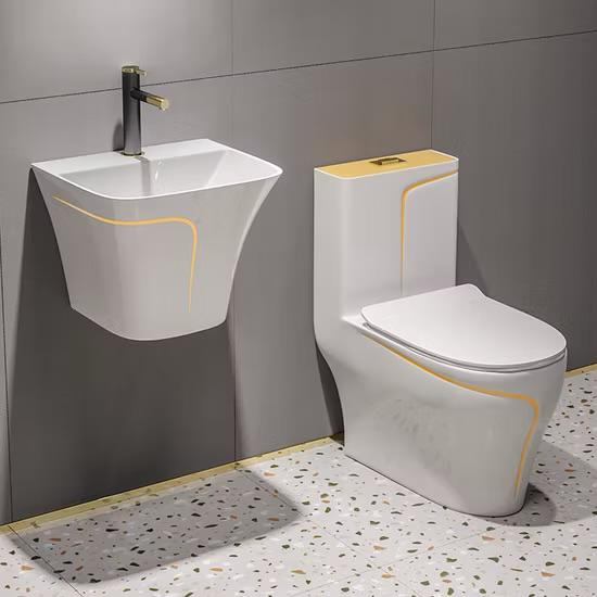 Chaise anglaise + Lavabo suspendu monobloc Blanc et doré